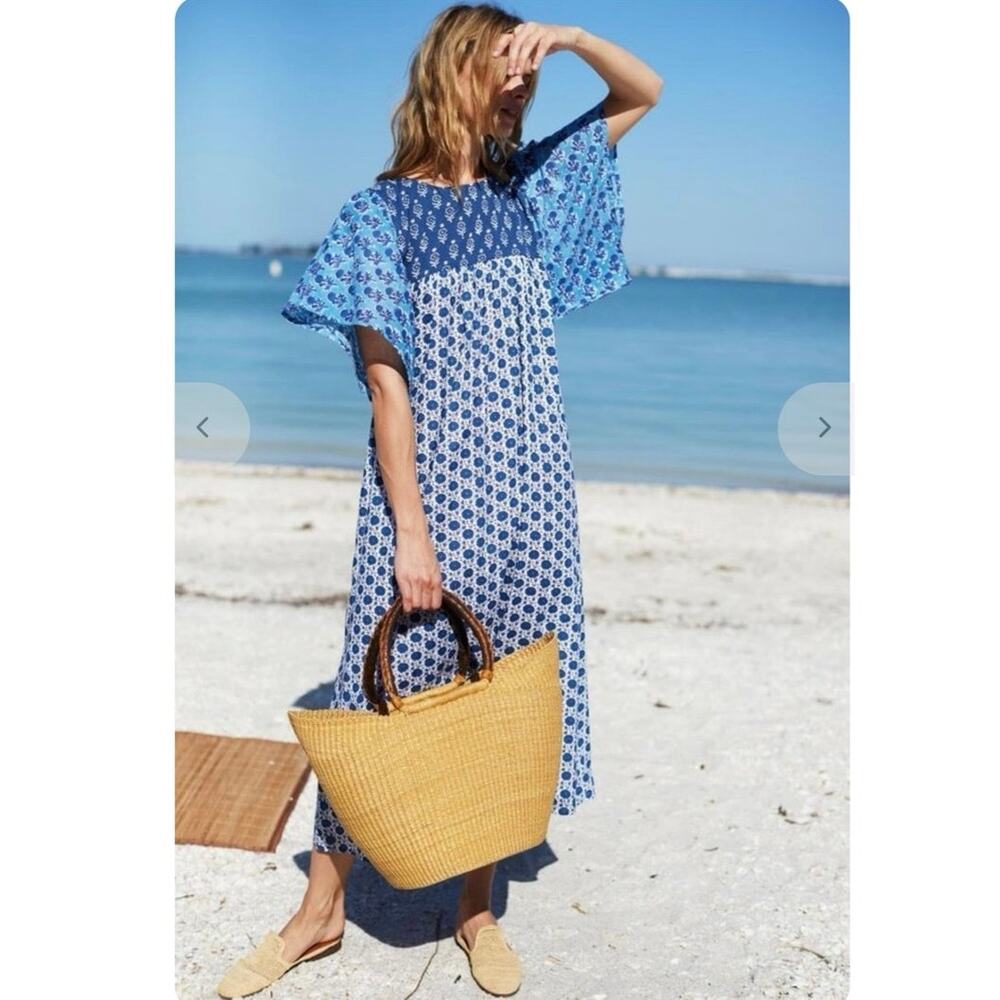 Emerson Fry Basalie Patchwork Blues Organic Cotton Midi Dress Large